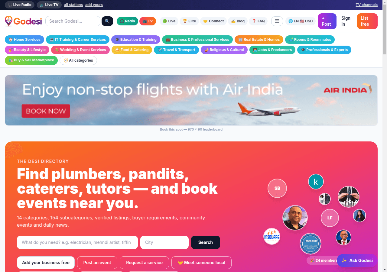 The Godesi homepage: premium businesses, categories, events and news in one scroll
