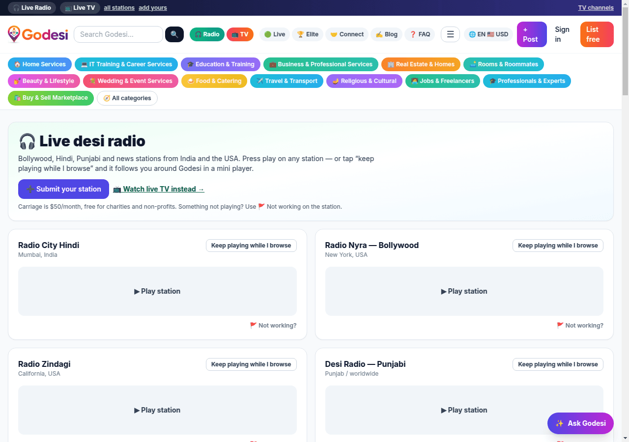Live radio: 20 stations plus a free search across thousands more