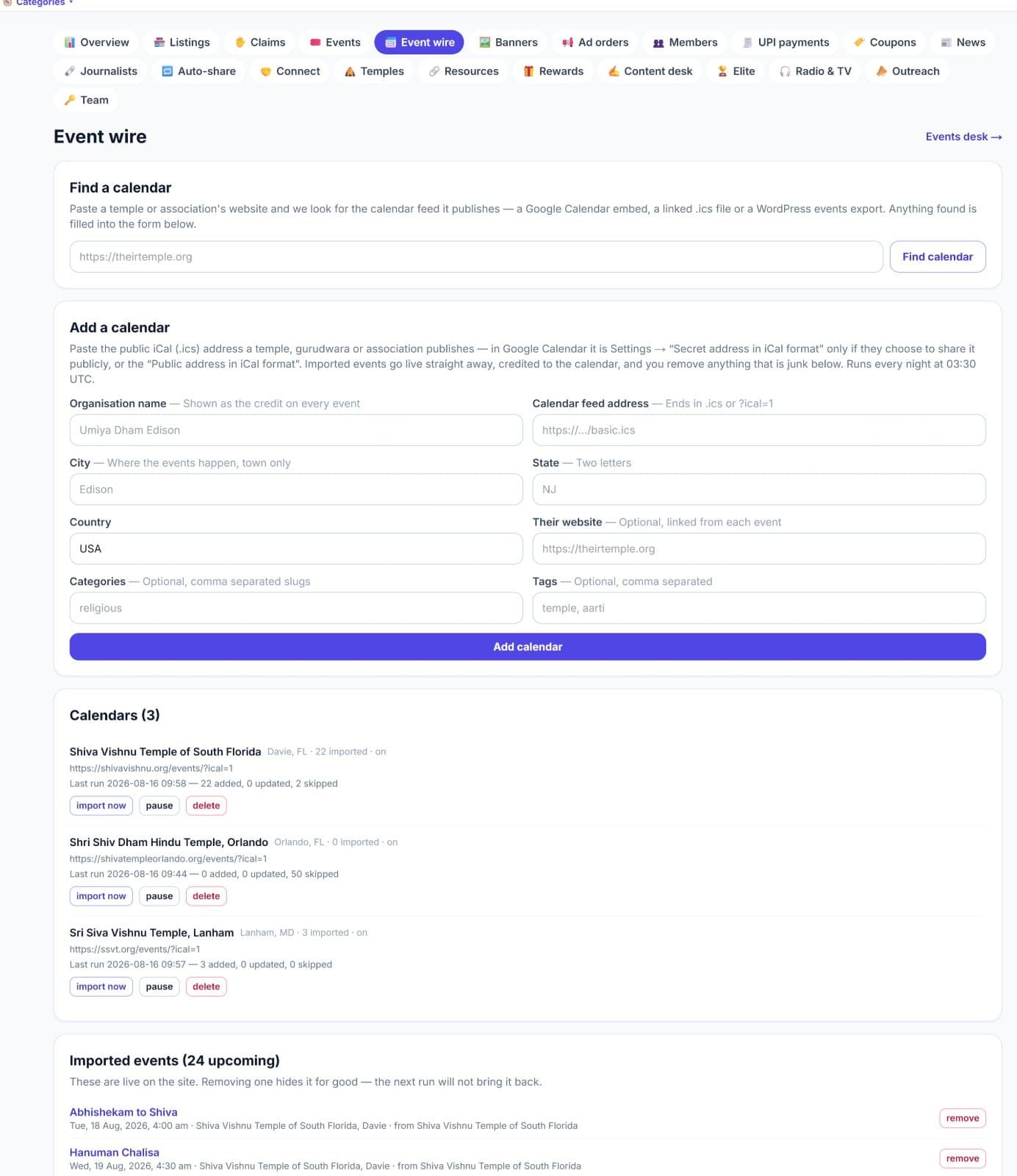 Now Event can import Temples, charities, and non profits events feed for FREE
