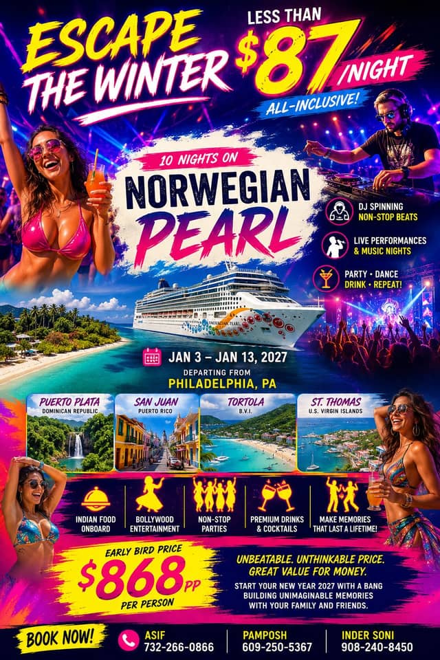 Escape the Winter and Join the Party. Cruise for Less Than $87/night. Indian Food and Entertainment!